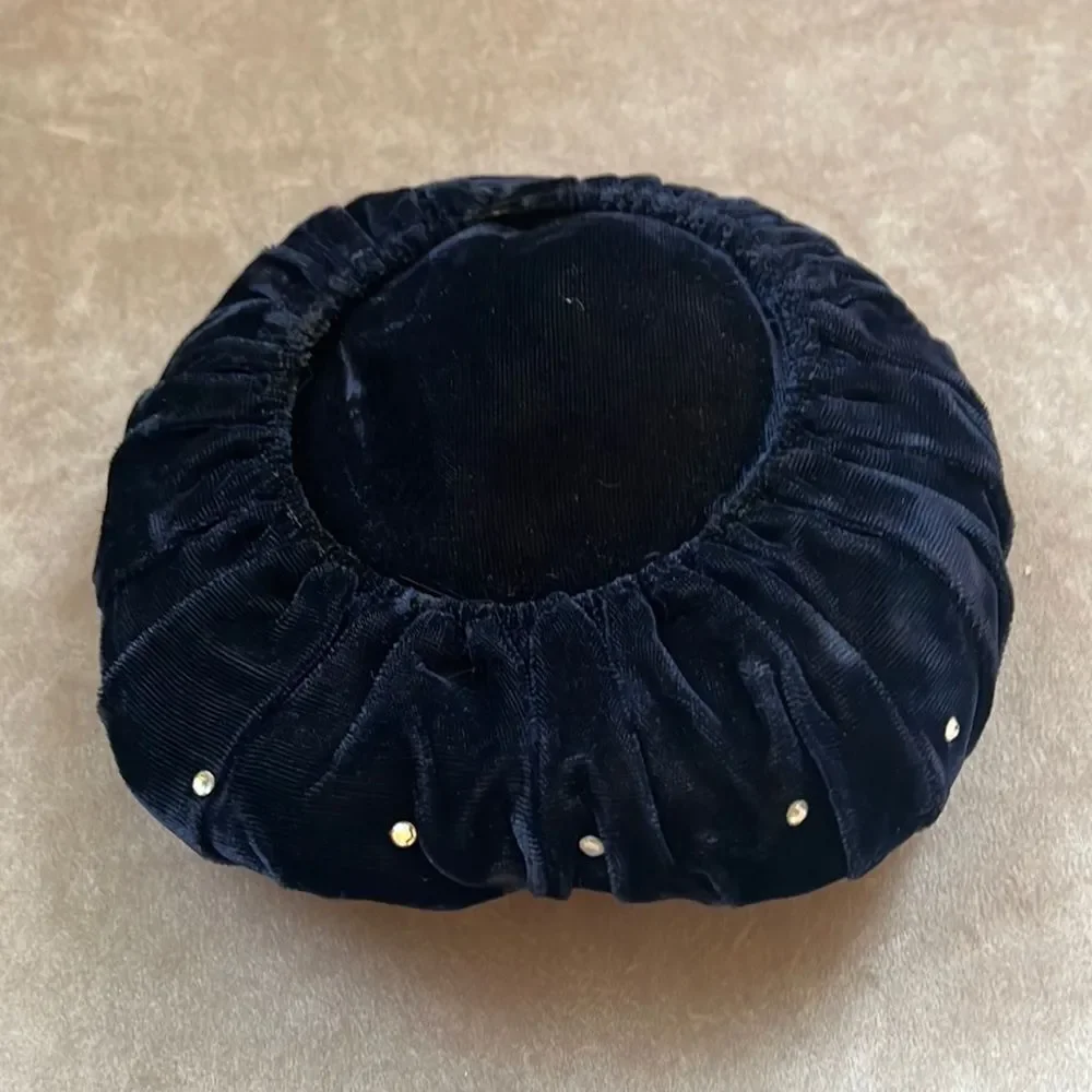 Antique Vintage Blue Velvet Pill Box Structured Hat (sits flat on head)